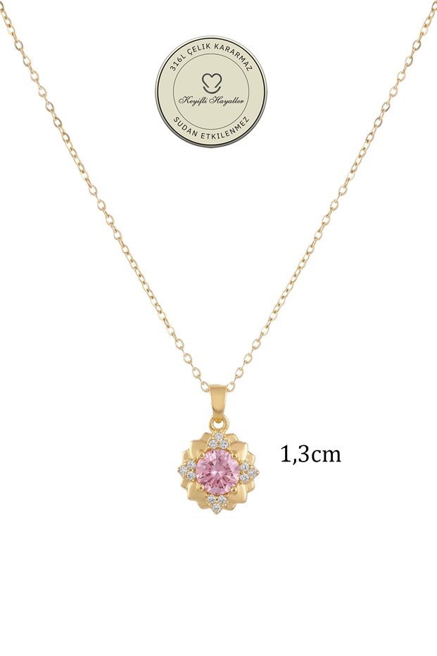 Steel Necklace - 1.3cm Pink Age-Weathered Flower 316L Steel Necklace Non-Tarnish Non-Fade 44+5cm