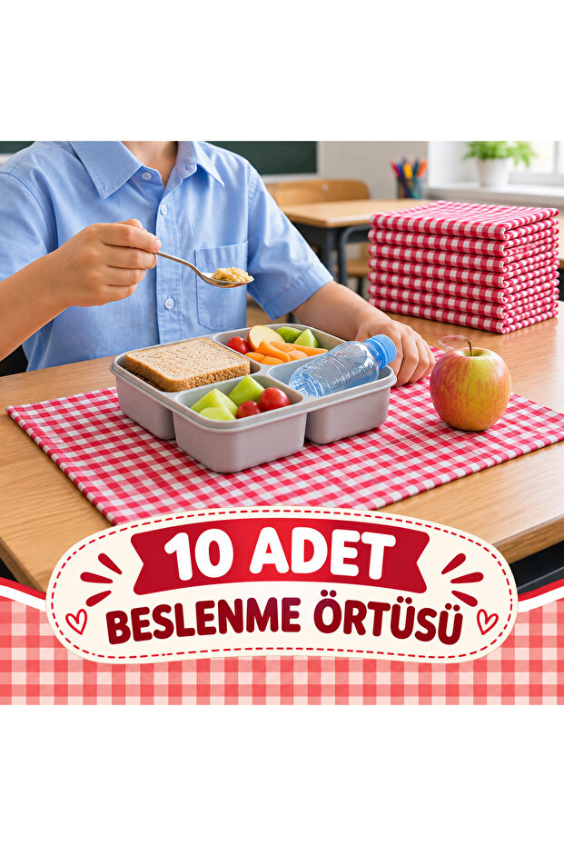 10 Pieces of Red Gingham Patterned School Lunch Mat, Dinner Napkin