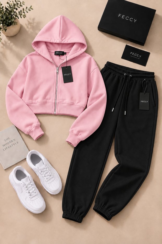 Women's Hooded Zippered Cropped Elastic Cuffed Sweatpants 3 Thread Rastered Set