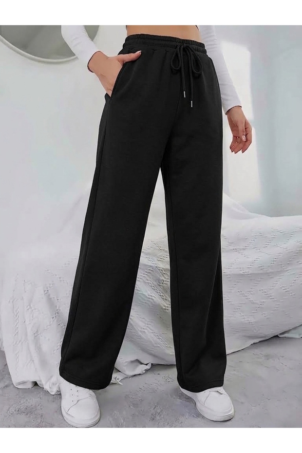 Women's Black Color Pipe-Legged 3-Thread Fleece-Lined Sweatpants Length 100 cm