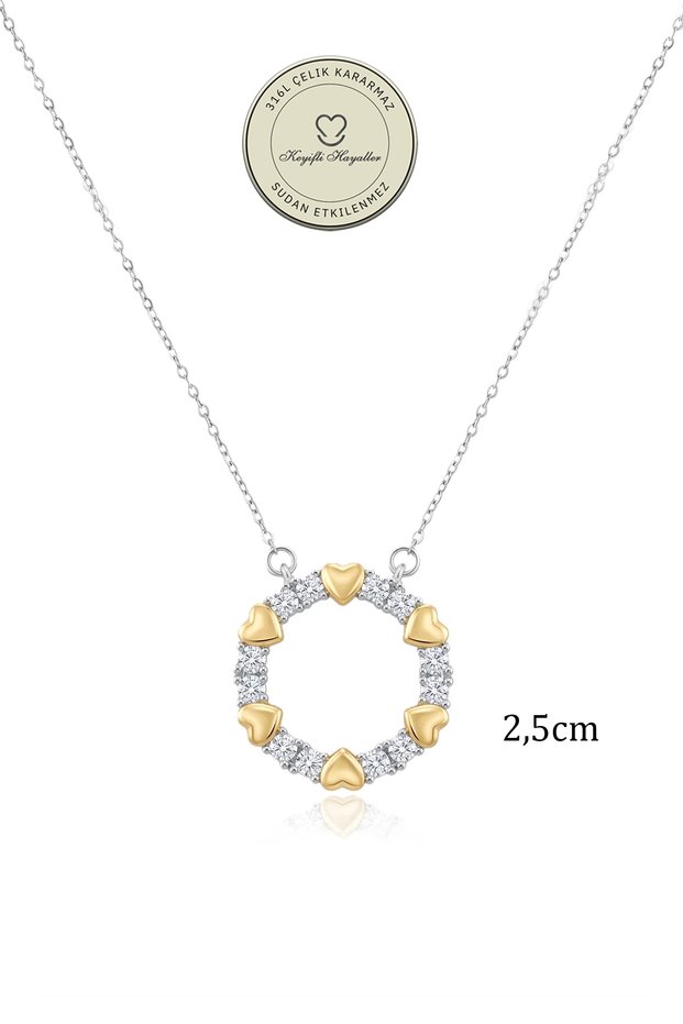 Steel Necklace - 2.5cm Round Heart White Stone Silver Gold 316L Steel Necklace Non-Tarnish Non-Fade 40+5cm