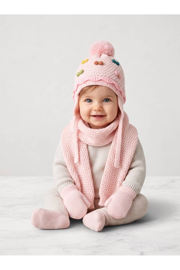 0-18 Months Baby Girl Scarf Beanie Gloves Set of 3