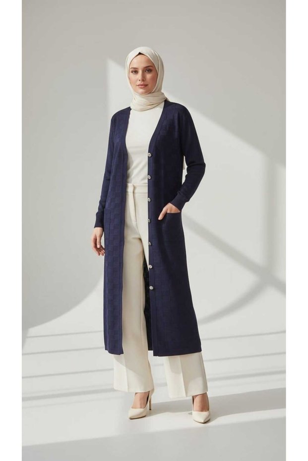 Women's Middle-Aged and Older Women's Long Cold-Weather Sports Cardigan with Buttons on the Front and Patterned Long Cold-Weather Sports Cardigan