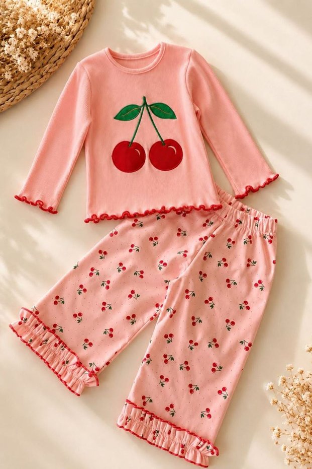 Cherry Printed Ruffled Girls' 2-Piece Set - Salmon