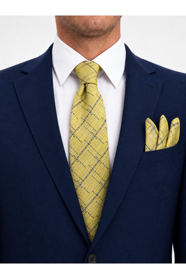 8 cm Yellow Navy Blue Patterned Tie and Handkerchief Set