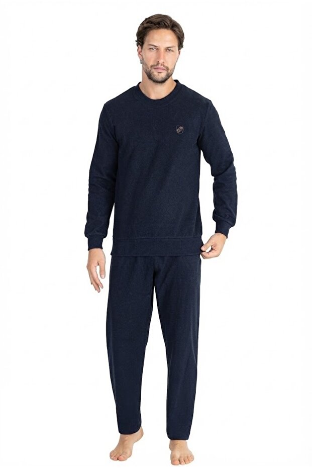 Men's 100% Cotton Navy Blue Crew Neck Thessaloniki Woven Thick Winter Pajama Set