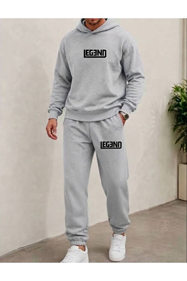 Men's Legeno Text Printed Top and Bottom Hooded Tracksuit Set