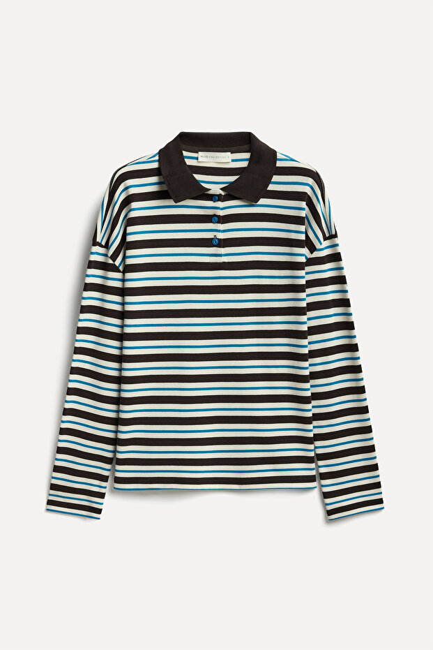 Women's Brown Striped Polo Collar Sweatshirt