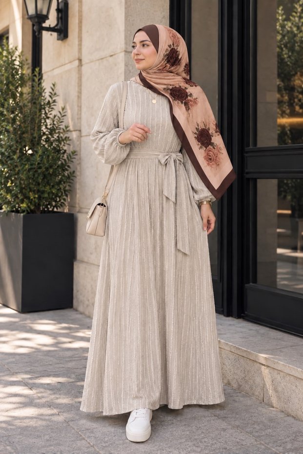 Women's Belted Textured Hijab Dress – Long Sleeve Casual Dress