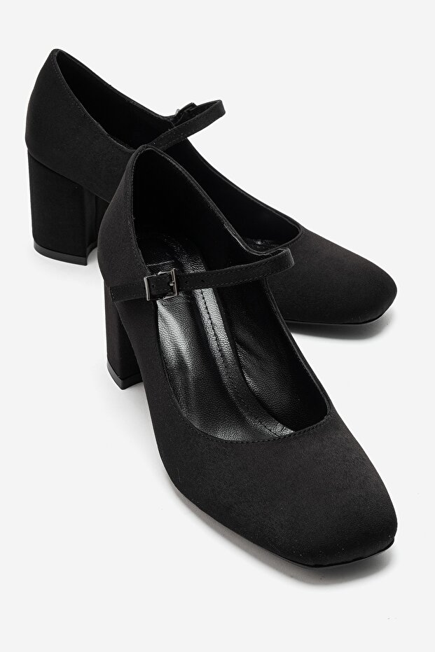 Nicho Black Fabric Women's Thick Heeled Shoes