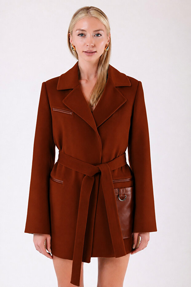 Red Brown Leather Garnished Cashmere Coat