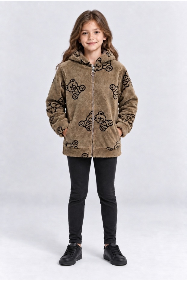 Children's Plush Hooded Zippered Teddy Bear Patterned Unisex Warm Soft Top Clothing Ak4120