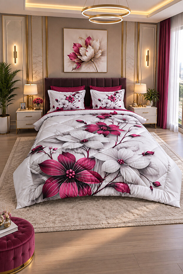 Cherry Blossom 5D Digital Printed Cotton Sleeping Set with Double Elastic Sheets, 6 Pieces