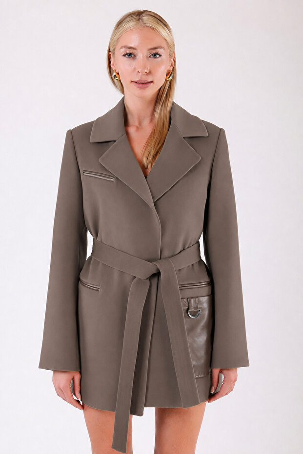 Dark Beige Leather-Trimmed Cashmere Coat