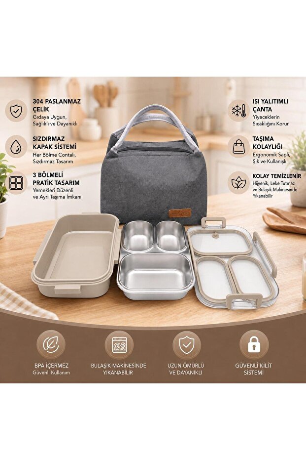 304 Stainless Steel 3-Compartment Lunch Box with Thermal Bag – Leak-Proof Lid Nutrition Container