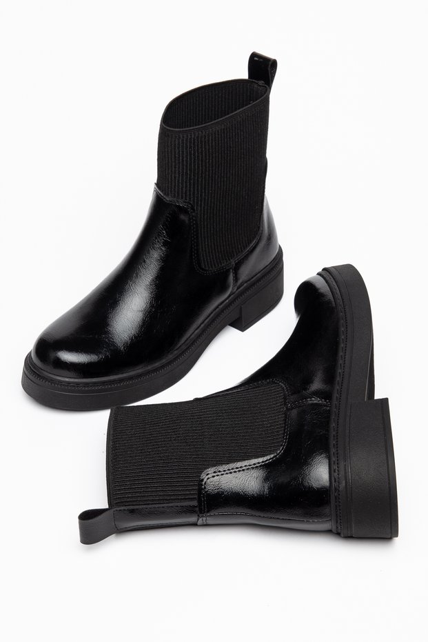 Women's Black Patent Leather Knitwear Ankle Detailed Non-Slip Sole Boots