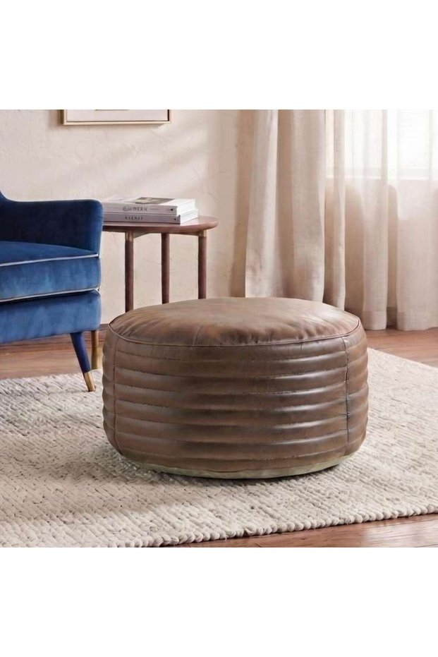 Iris Round Leather Pouf 50x50x30cm - Brown