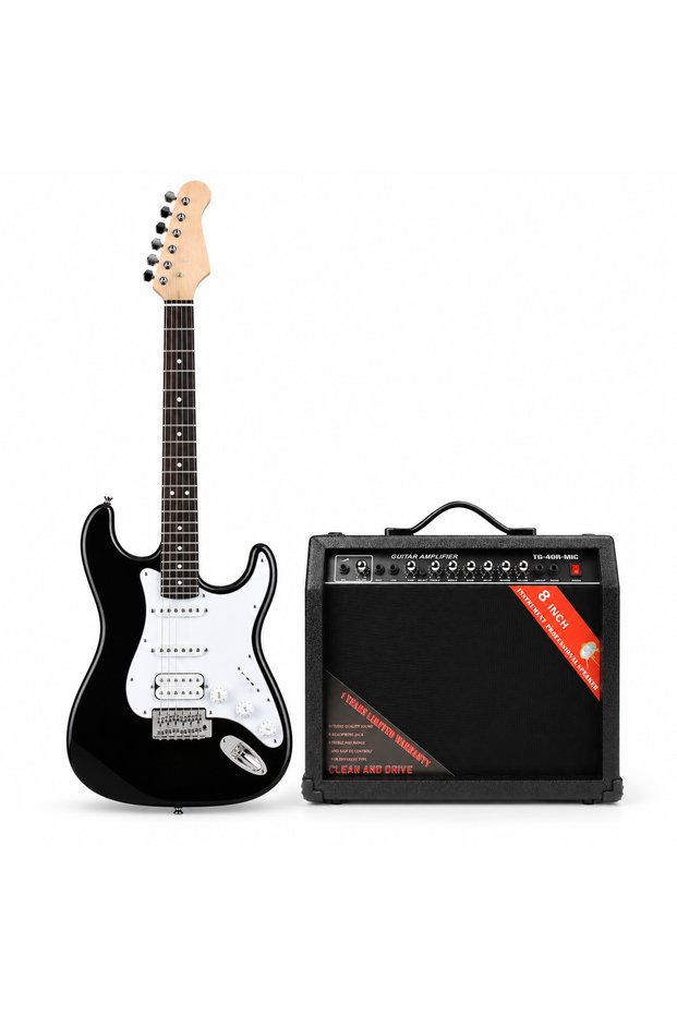 Electric Guitar Starter Kit, 6 String HSS Electric Guitar with TG-40R-MIC Practice Amplifier, Tremolo Bridge, Right Handed Beginner Guitar for Students, Adults & Home Practice, Black