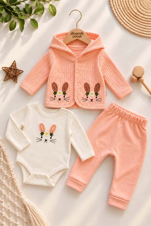 Baby Girl Rabbit Embroidered Quilted Hooded Jacket with Snap Fasteners, Badi and Sweatpants 3-Piece Set 0-12 Months