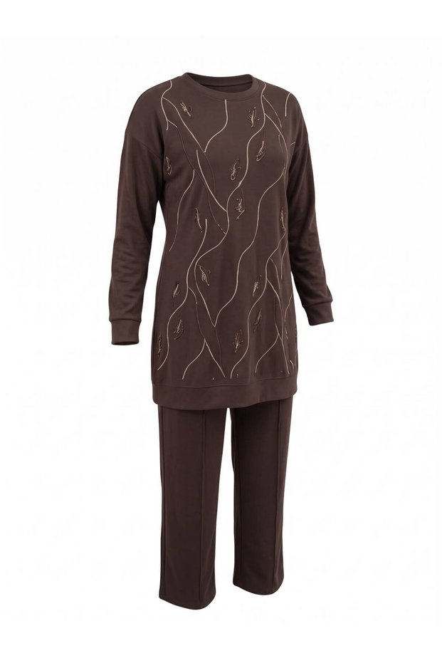 Stone Print Detailed Low-Sleeve Oyşho Top-Bottom Set