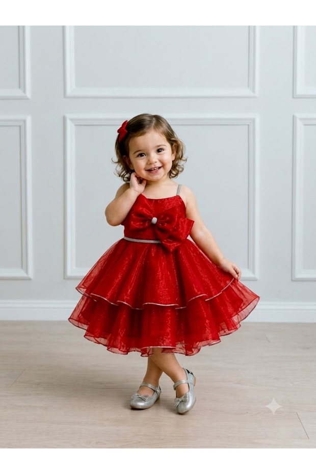 Girls Party Dress with Bow Rhinestone Princess Organza Birthday Dress for Toddler Girls Puffy Layered Special Occasion Dress Wedding