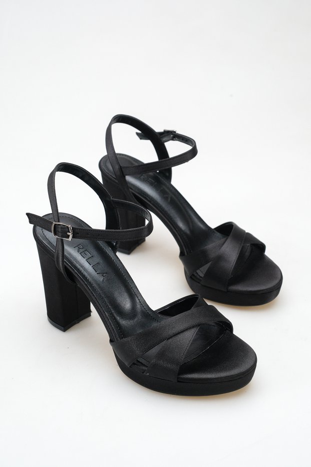 Women's Evening Dress Sandals Platform Thick Heeled Black Satin