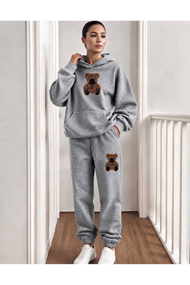 Women's Teddy Beaar Bear Printed Top and Bottom Hooded Gray Tracksuit Set