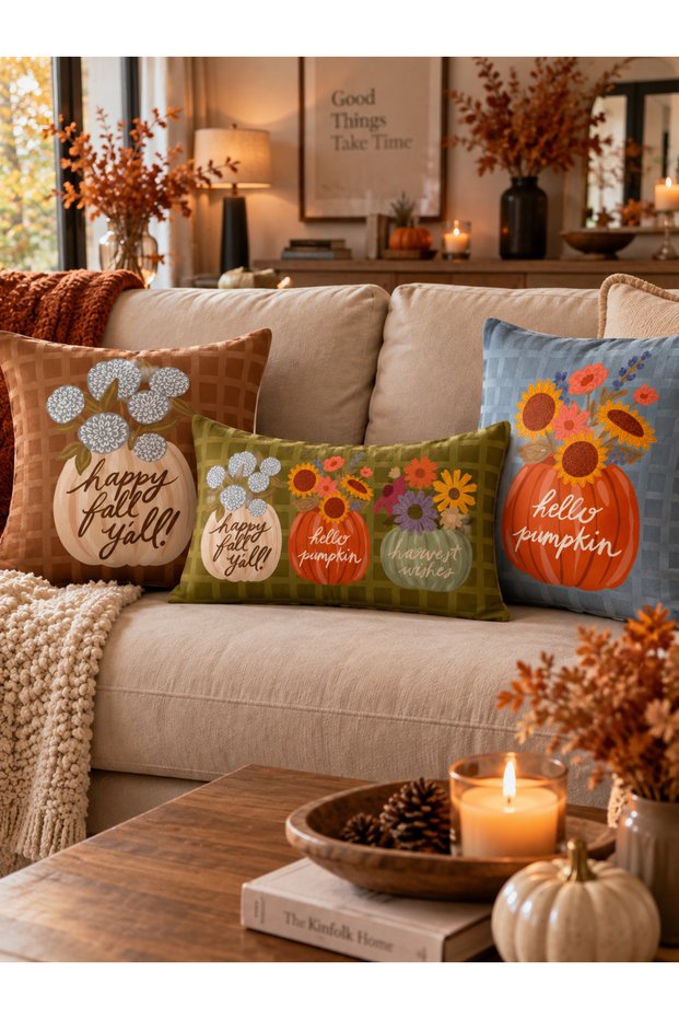 Autumn Themed 3-Piece Throw Pillow Cover Set - Pumpkin & Floral Patterned Double-Sided Suede Decorative Throw Pillow - 43X43 & 30X50 cm