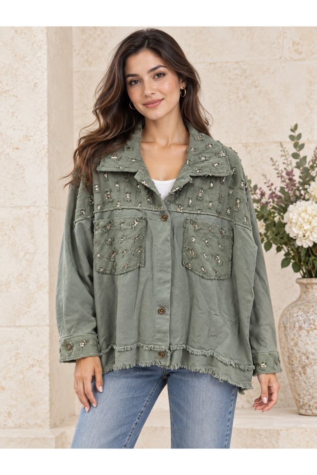 Women's Italian Gabardine Fabric Sequined Jacket with Tassel Hem 40-48