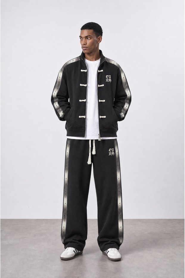 Men's Chinese Button Detailed Striped Doubleface Tracksuit Set Black