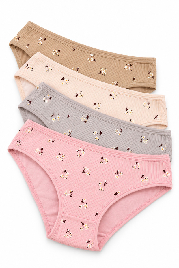 Women's Camisole Ribbed Bikini Panties 4-Pack 100% Cotton Patterned Assorted Colors M-L-Xl