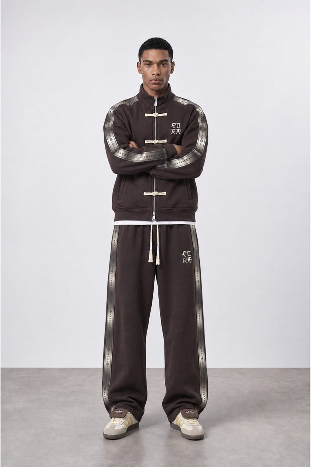 Men's Chinese Button Detailed Striped Doubleface Tracksuit Set Brown