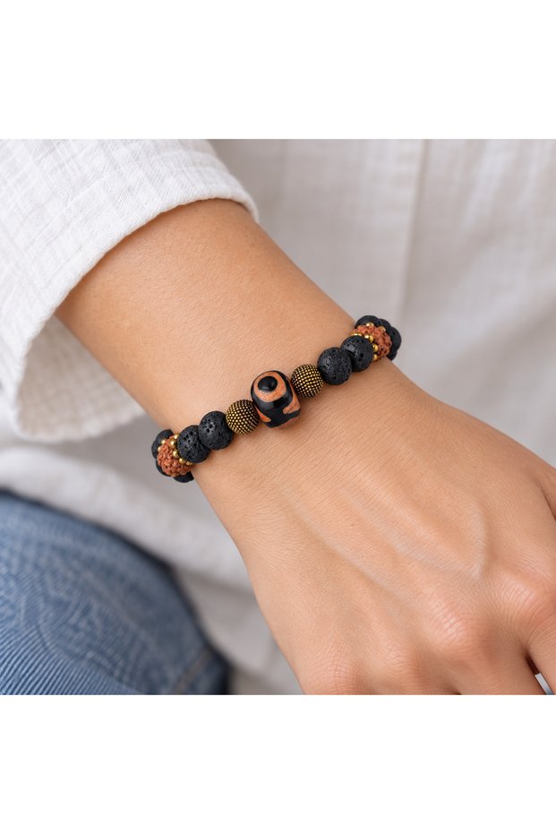 Black Beaded Bracelet with Bronze Detail – Orange Patterned Bohemian Daily Accessory