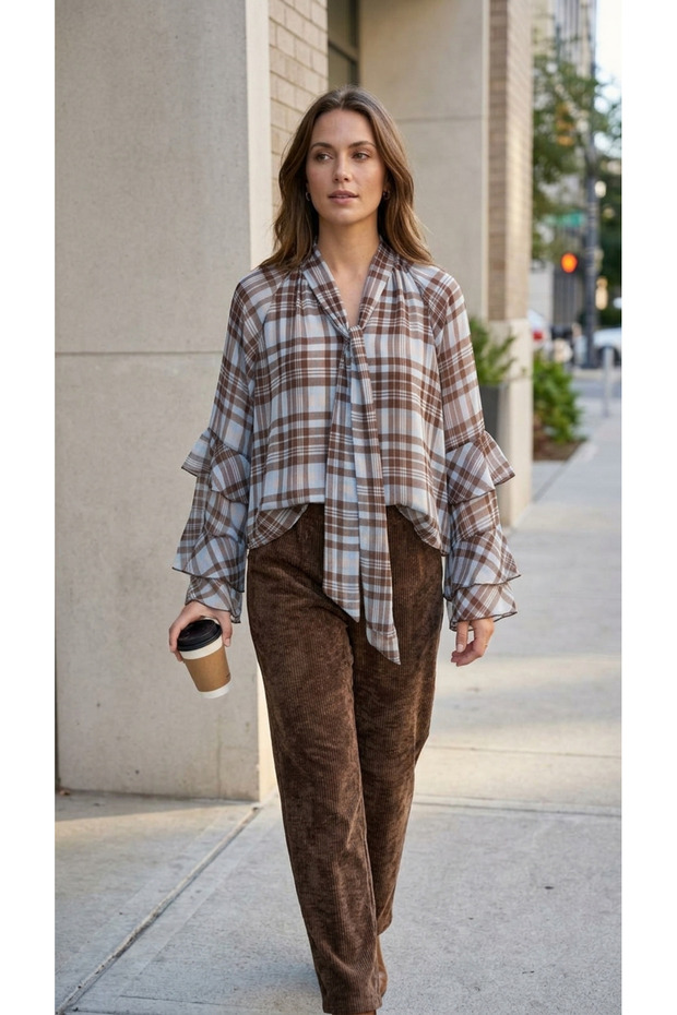 Women's Blue-Brown Plaid, Halter Neck, and Multi-Layered Ruffle Chiffon Shirt/Blouse