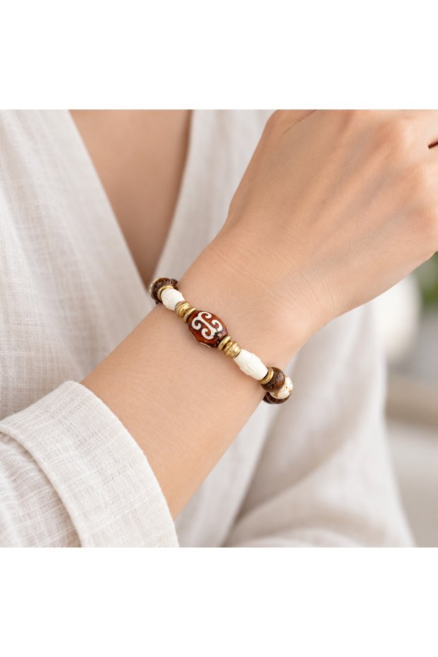 Wooden Beaded Cream Detailed Bohemian Design Patterned Women's Bracelet