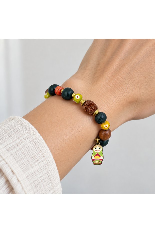 Matryoshka Figured Colorful Beaded Wooden Detailed Ethnic Design Bracelet