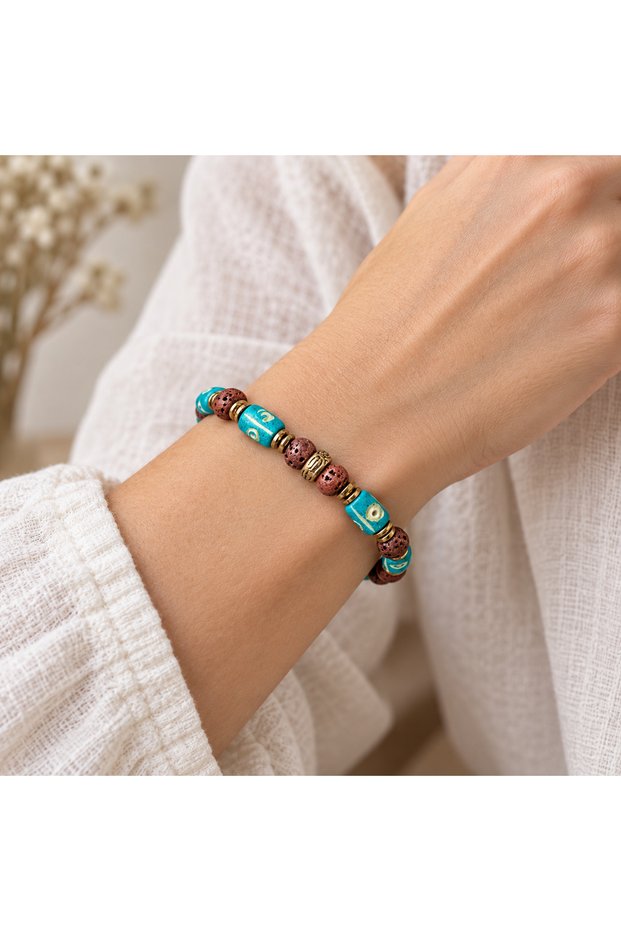 Turquoise Beaded Ethnic Bracelet with Brown Textured Beads and Gold Spacer