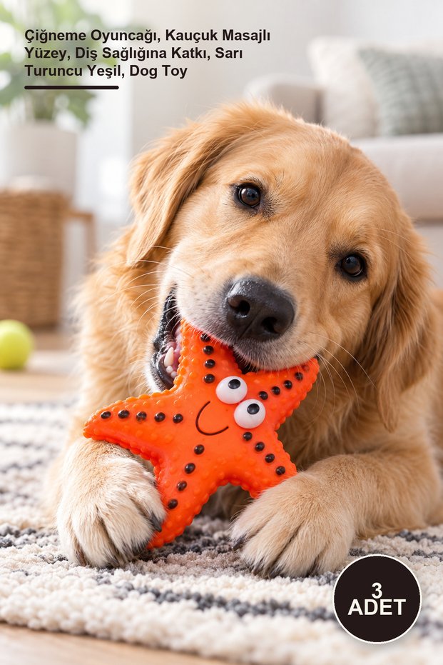 3 Pieces of Starfish-Shaped Dog Toy – Chew Toy, Rubber Massage Surface, Contributes to Dental Health, Yellow Orange Green, Dog Toy