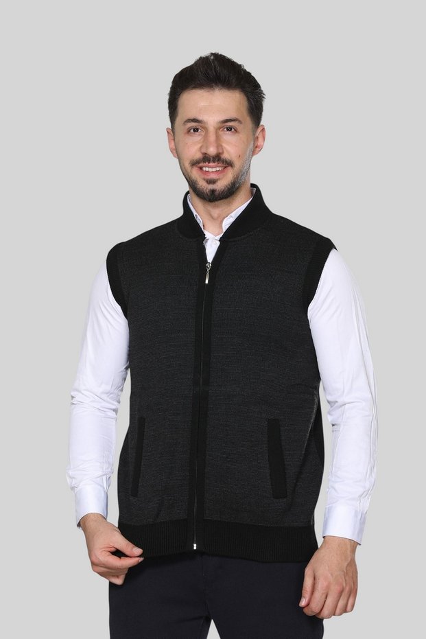 Black Men's Knitwear Knitted Acrylic Winter Thick Textured Zippered Dad Vest for Middle Age and Above