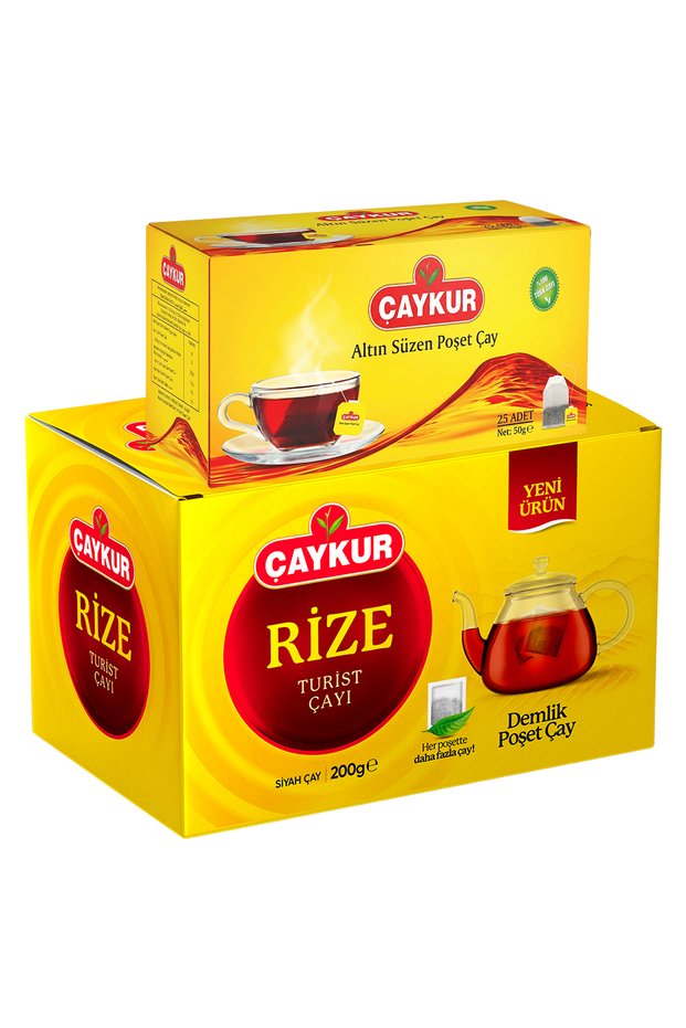 Gold 25-Pack Cups and Rize 40-Pack Teapot Tea Bag Package