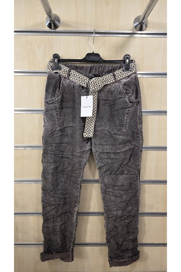 Italian Trousers with Elastic Fabric Belt and Plain Pattern