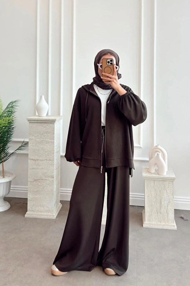 Women's Hooded Zippered Wide-Leg Pants Set - Brown
