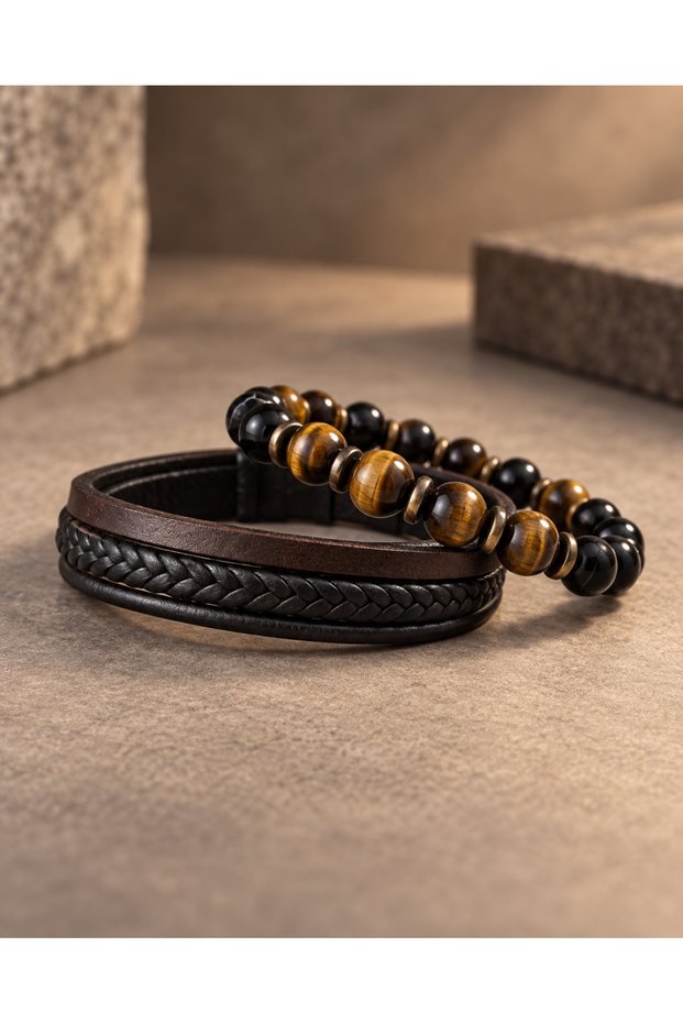 Tiger's Eye Natural Stone & Brown-Black Leather Men's Bracelet Set
