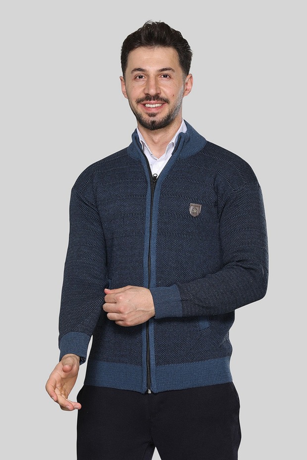 Blue Men's Knitwear Acrylic Thick Textured Classic Fit Zippered Pocket Winter Dad Cardigan