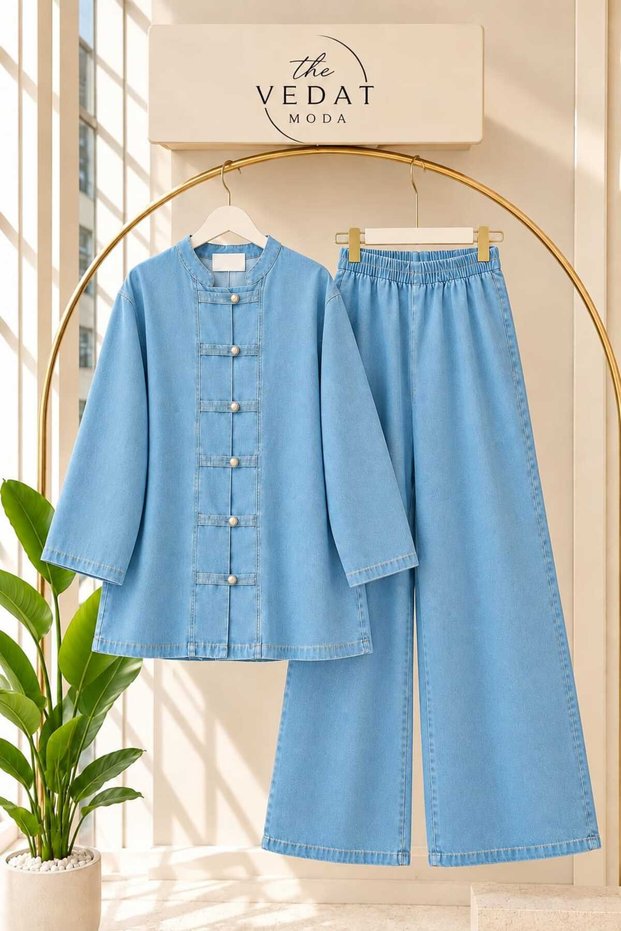 Women's Button Detailed Denim Suit -0800 (Light Blue)