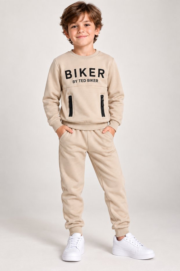 Men's Beige Two-Thread Fabric Children's Printed 2-Piece Tracksuit Set - Flota Sweatshirt with Pockets and Cuffed Pants with Pockets