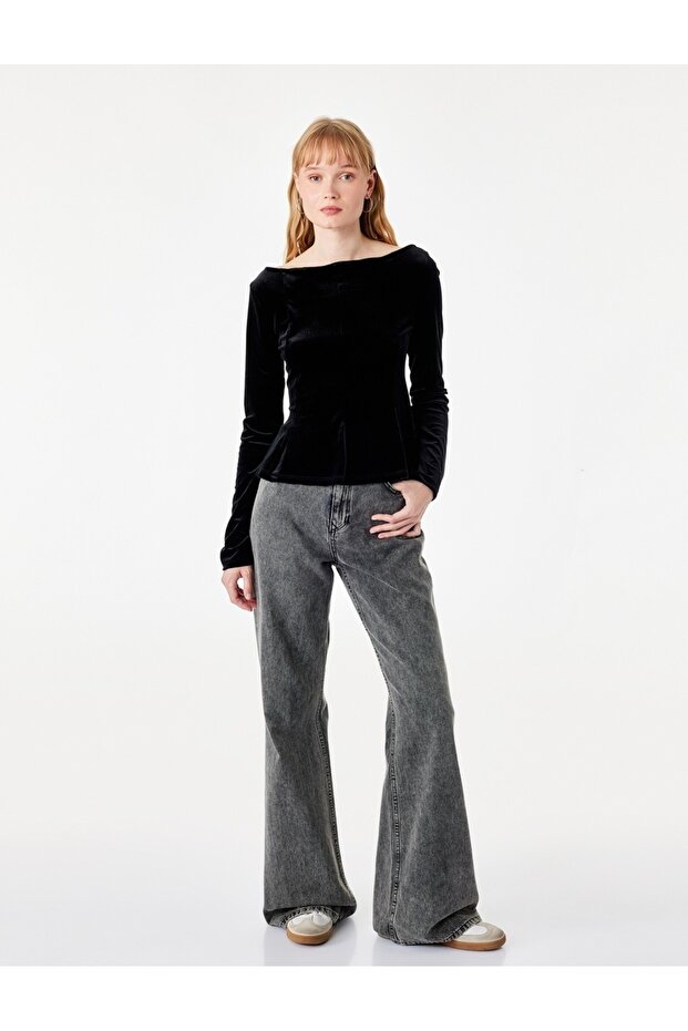 Velvet Slim Fit Boat Neck Long Sleeve T-Shirt