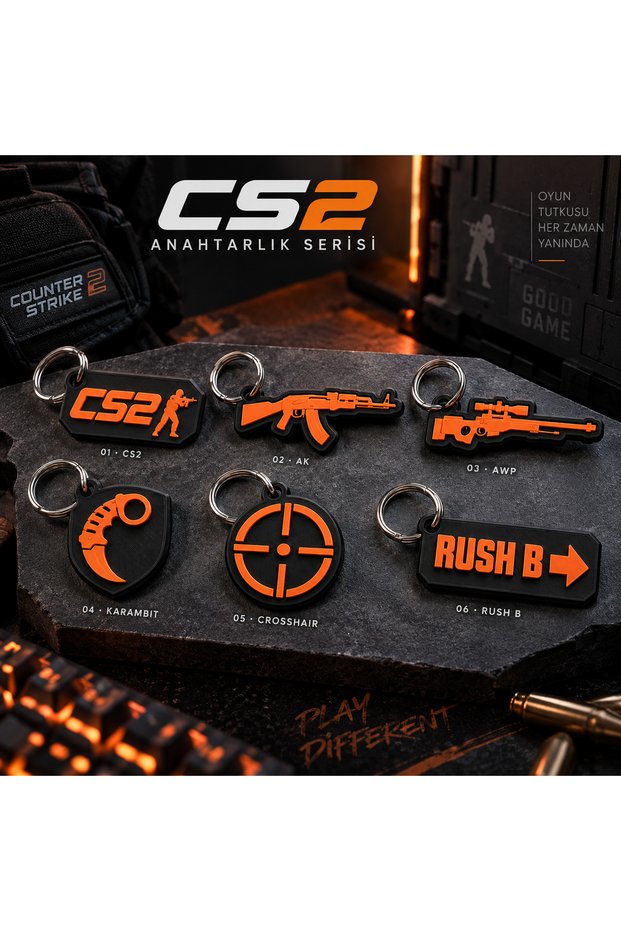 Cs2 Keychain 3D Printing Gamer Player Keyring Black Orange Gaming Accessory