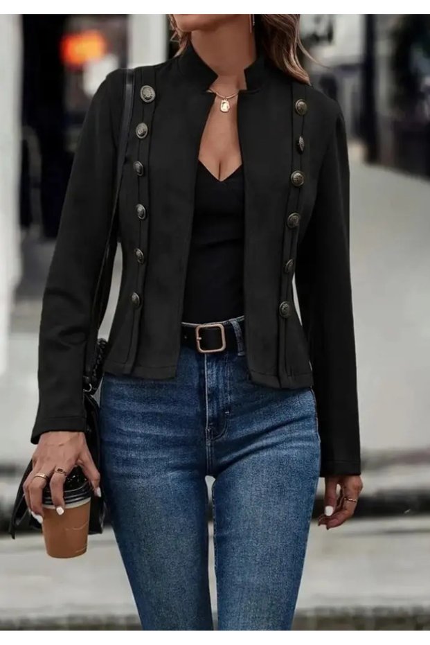 Women's long sleeve judge collar short suede jacket with buttons on the sides