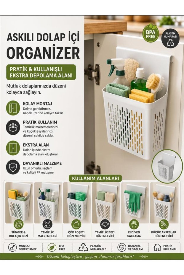 Hanging Cabinet Door Organizer – No-Assembly, Perforated, Under-Sink and Kitchen Cabinet Interior Organizer Basket White
